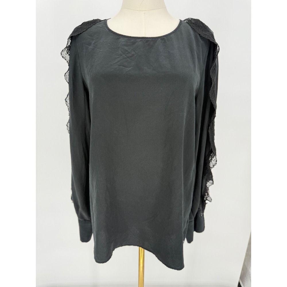 See By Chloe Black Silk Long Sleeve Top with Lace Ruffle Detail Blouse‎